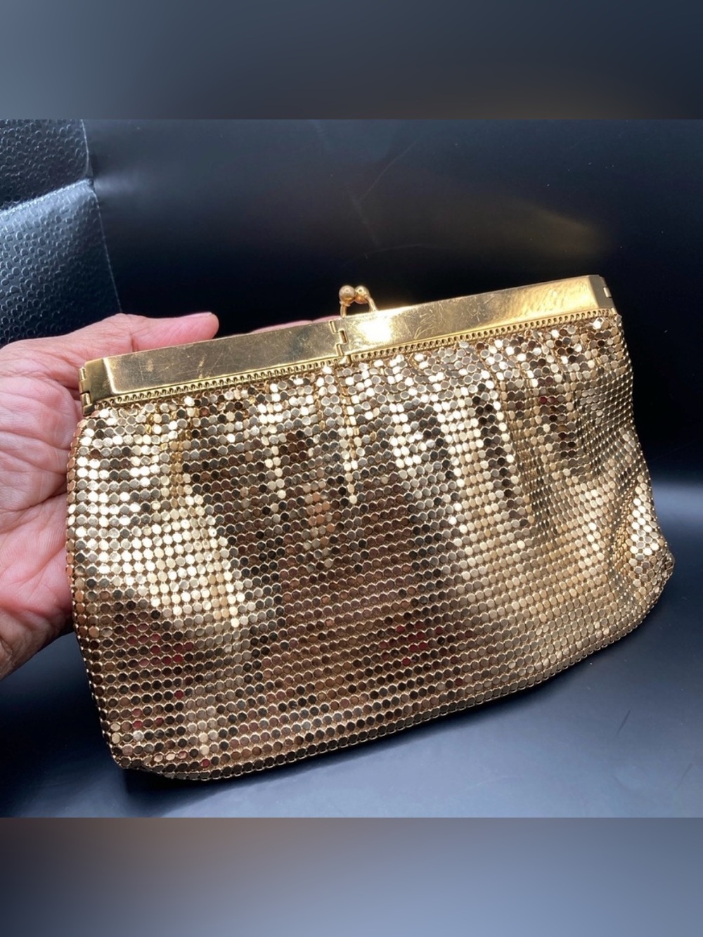 Vintage Gold Mesh Whiting & Davis Gate Top Square Opening Purse Clutch Bag